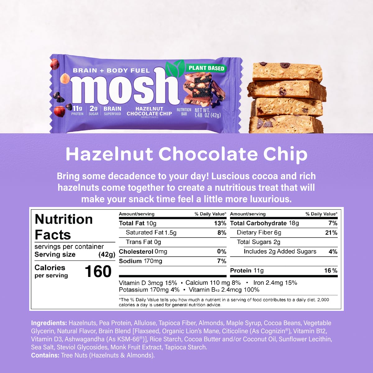 MOSH Hazelnut Chocolate Chip Vegan Protein Bars, Plant Based, Keto, Gluten Free, Brain Healthy Snack with Cognizin, Ashwagandha and Lion's Mane, 12 Count