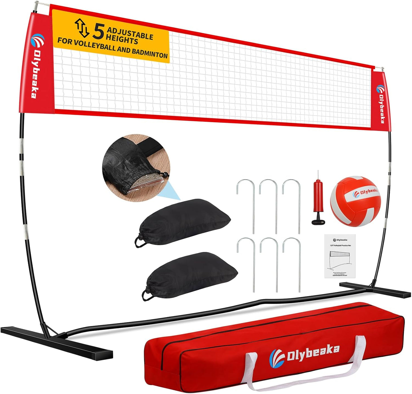 Portable Volleyball Net 5-Height Adjustable for Backyard with Widened Base, Tetoron Net, 6 Metal Stakes and 4 Sandbags, 12ft/14ft Volleyball Practice Training Equipment with Carry Bag