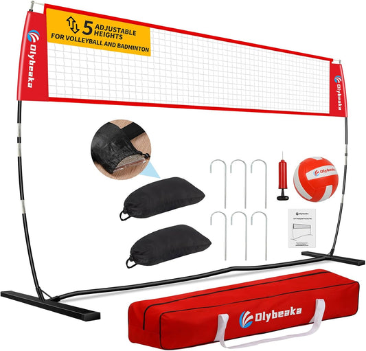 Portable Volleyball Net 5-Height Adjustable for Backyard with Widened Base, Tetoron Net, 6 Metal Stakes and 4 Sandbags, 12ft/14ft Volleyball Practice Training Equipment with Carry Bag