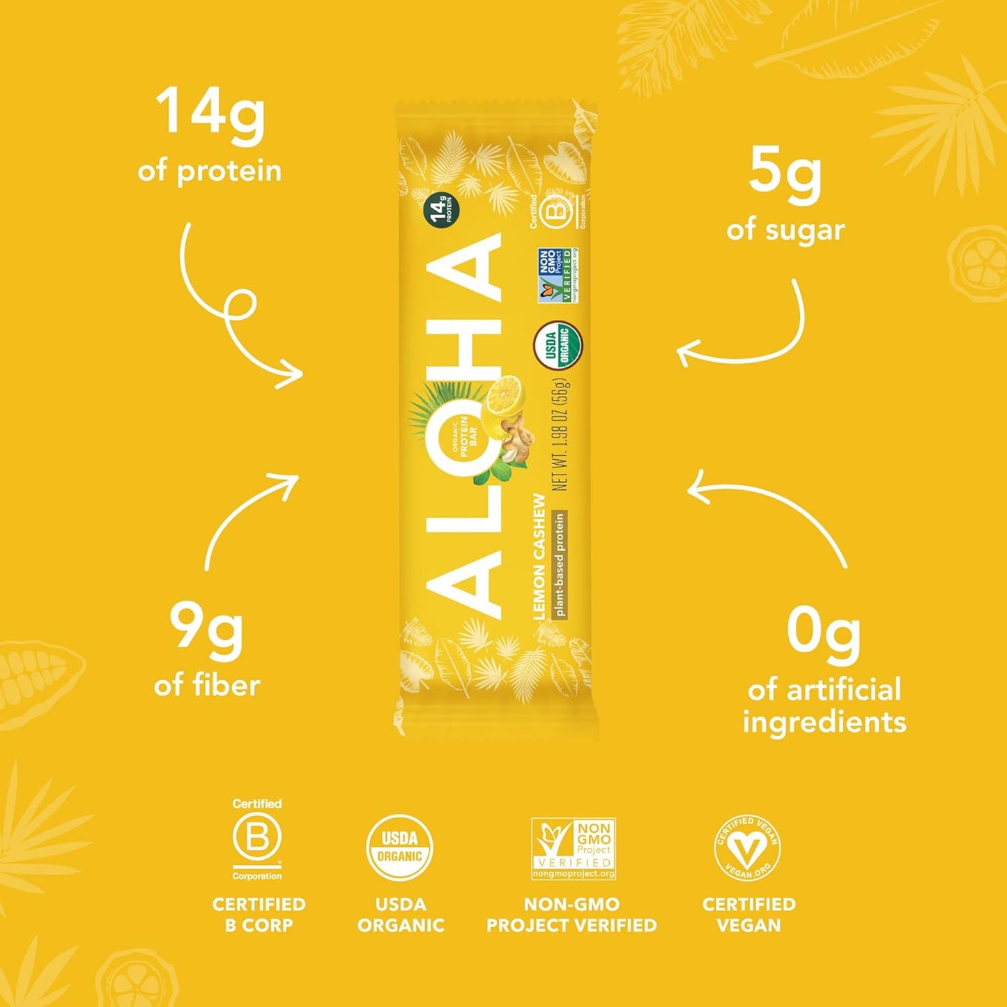 ALOHA Organic Plant Based Protein Bars - Lemon Cashew - 12-Count - Vegan, Low Sugar, Gluten-Free, Paleo, Low Carb, Non-GMO, No Stevia & No Erythritol