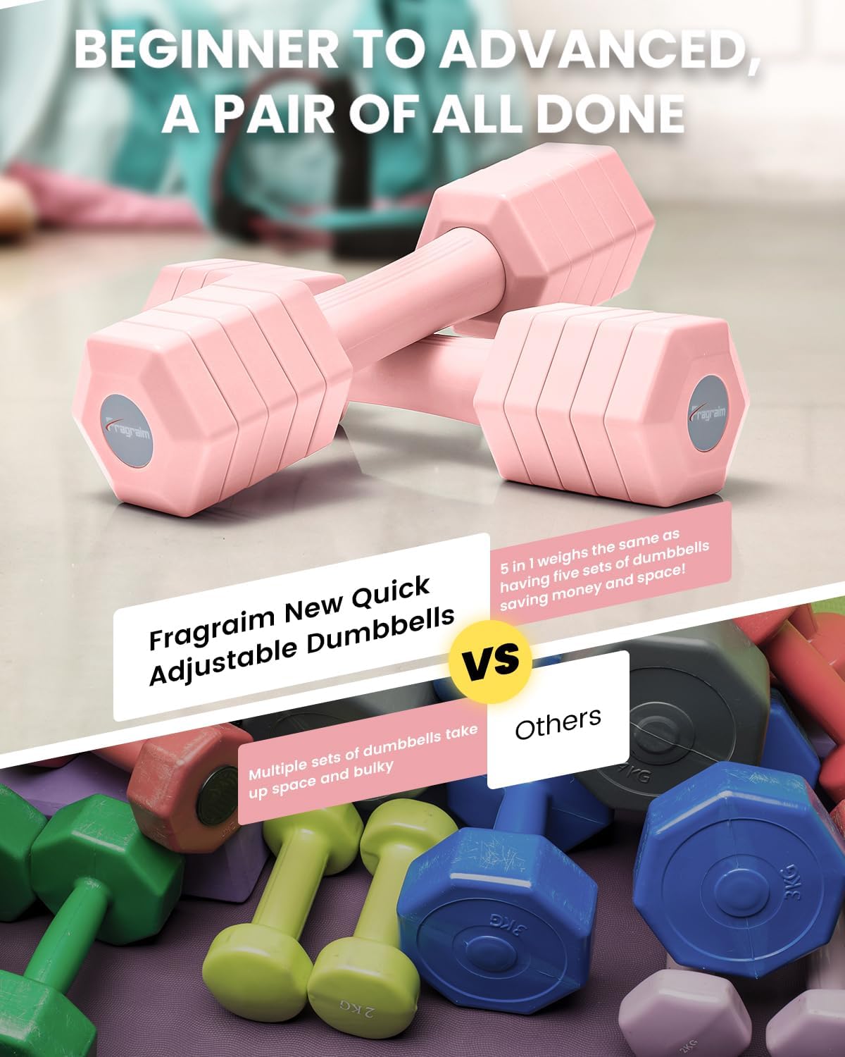 Adjustable Dumbbells Set, 4 in 1 Hand Weights Set for Women Men 10 LB/ 12 LB Dumbbell Pair Each 2lbs 3lbs 4lbs 5lbs Weights Dumbbells Set with TPU Soft Rubber Handle for Home Gym Exercise Fitness