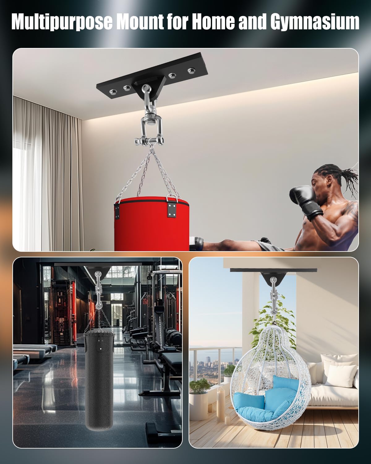 Punching Bag Hanger, Heavy Bag Stand for Punching Bag/Aerial Yoga/Hammock/Sandbag/Swing Chair, 360° Swivel Wall Mount Ceiling Hook – Heavy-Duty Boxing Bag Mount (900LB Capacity)