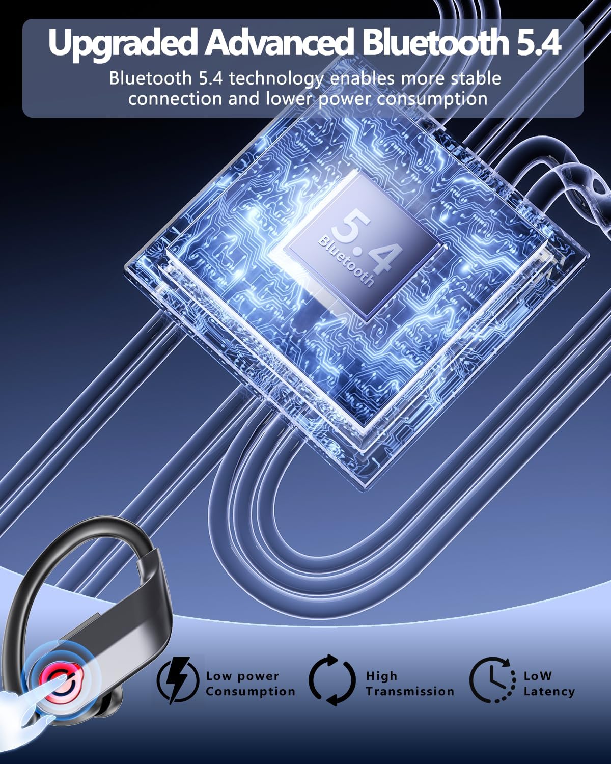 EUQQ Ear Buds Wireless Bluetooth Earbuds, Noise Cancelling Headphones 120H Playtime，IPX7 Waterproof Sports with Earhooks,LED Display Wireless Earphones for Running Gym Workout-Black