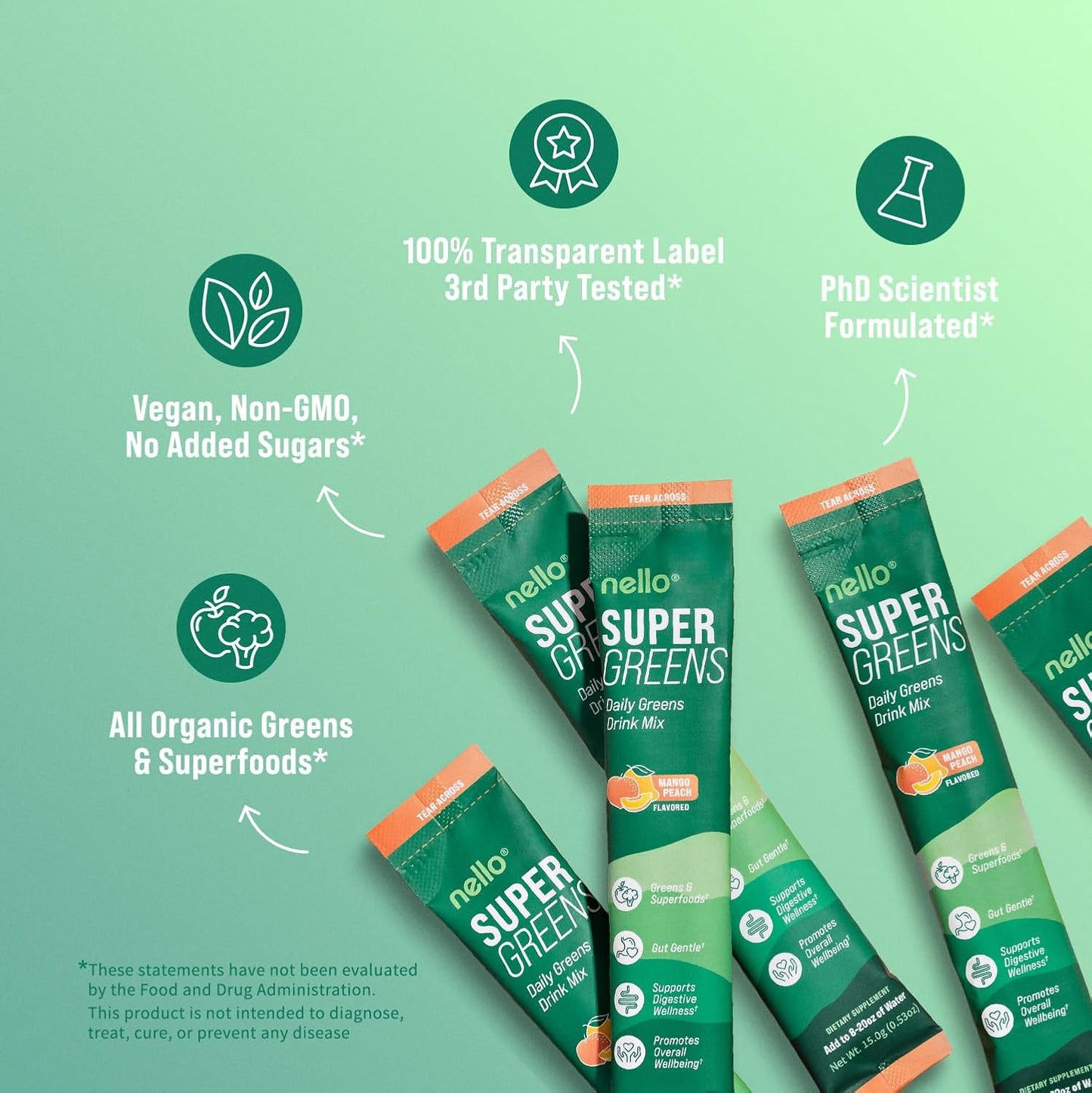 Supergreens Premium Superfood Greens Drink Mix w/Chlorella, Moringa, Spinach & Broccoli + Digestive Enzymes & Probiotic Blend -Nutrient-Packed Powder Wellness (Mango Peach, 20 SRV, Travel Pack)