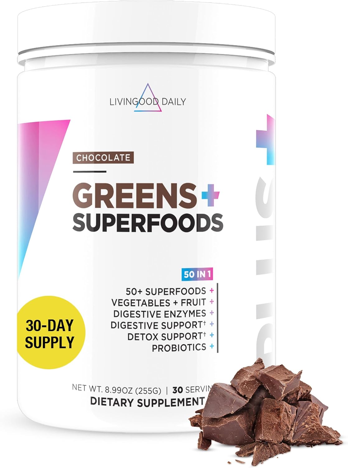 Livingood Daily Greens & Superfood Powder, Super Greens for Gut Health, Green Juice Powder with Spirulina, Chlorella, and Digestive Enzymes, Probiotics for Digestive Support, Chocolate, 30 Servings
