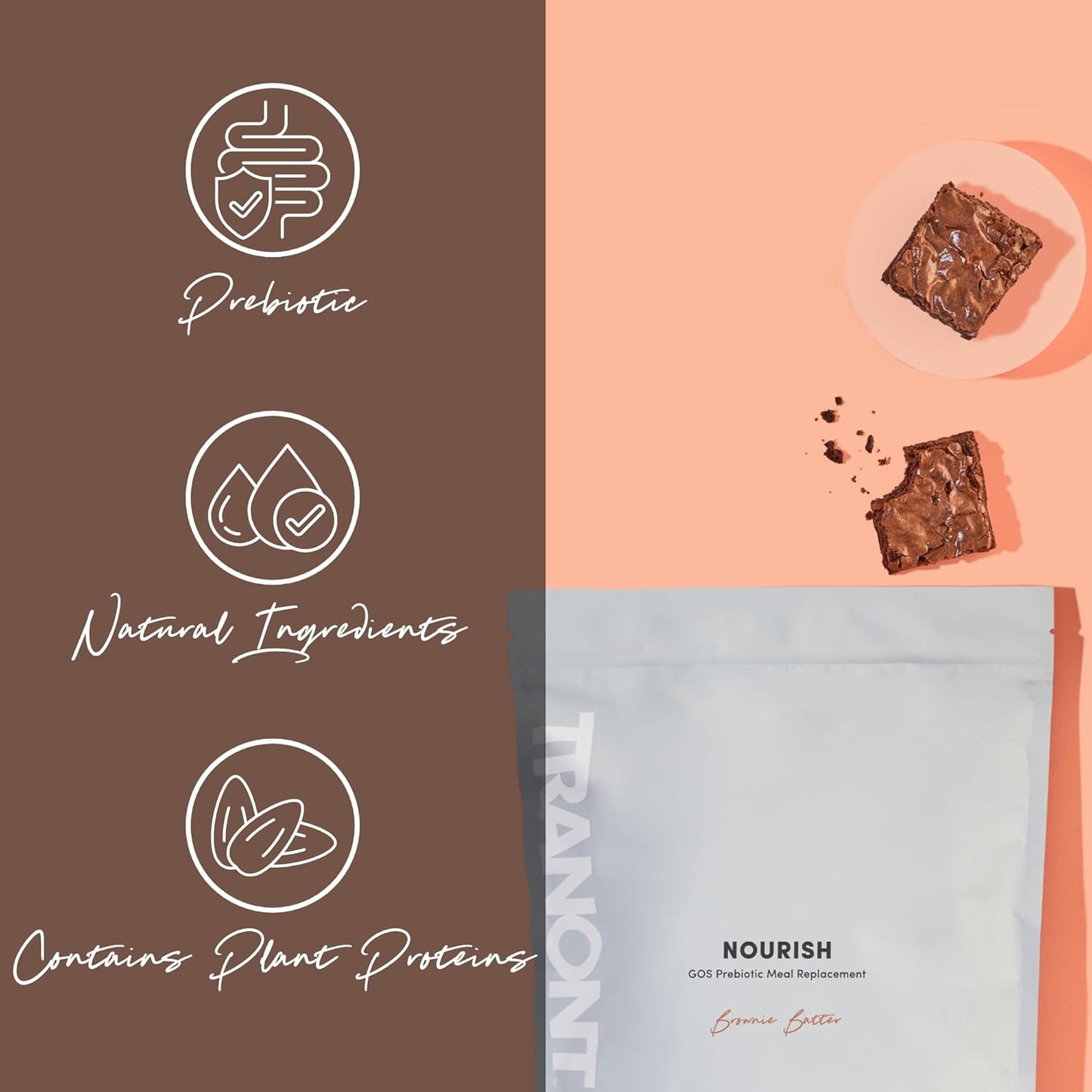 Tranont Nourish GOS Prebiotic Meal Replacement Shake | Brownie Batter Flavor | 14.3 oz | Supports Gut Health & Skin Care | Packed with Vitamins & Minerals | Vegan | Protein Powder | Vitamin C and B