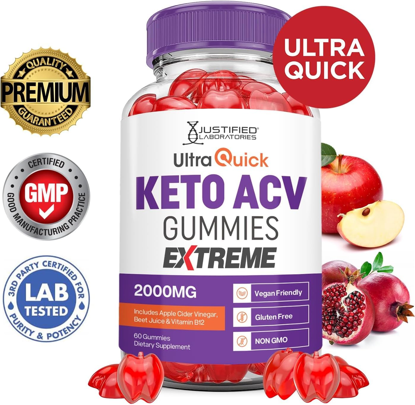 Justified Laboratories (5 Pack Ultra Quick Keto ACV Gummies Extreme 2000MG Ultraquick Keto Gummies Apple Cider Vinegar Formulated with Pomegranate Beet Juice Powder B12 Vegan Non GMO 300 Gummys