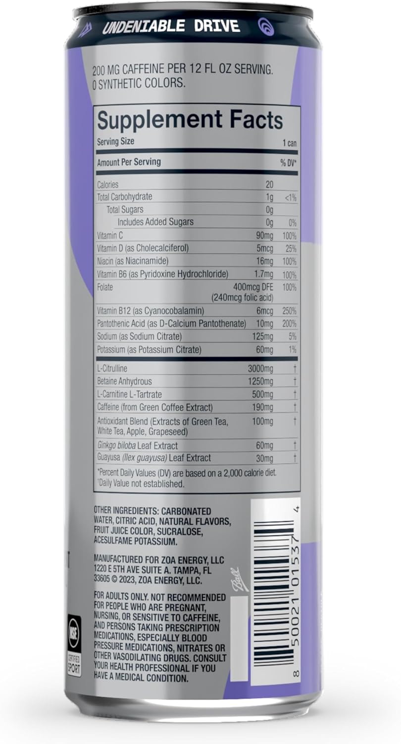 ZOA+ Pre-Workout Energy Drink Supplement - NSF Certified for Sport with Zero Sugar, Nitric Oxide Support, B & D Vitamins, Amino Acids, and Electrolytes (BlackBerry Acai)