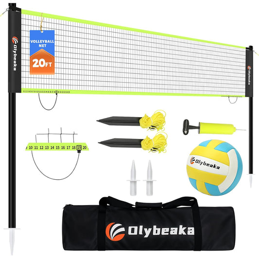 Portable Outdoor Volleyball Net Set for Backyard Beach with Adjustable Poles, Soft PU Volleyball & Pump, Carry Bag and Durable Anti-Sagging Net