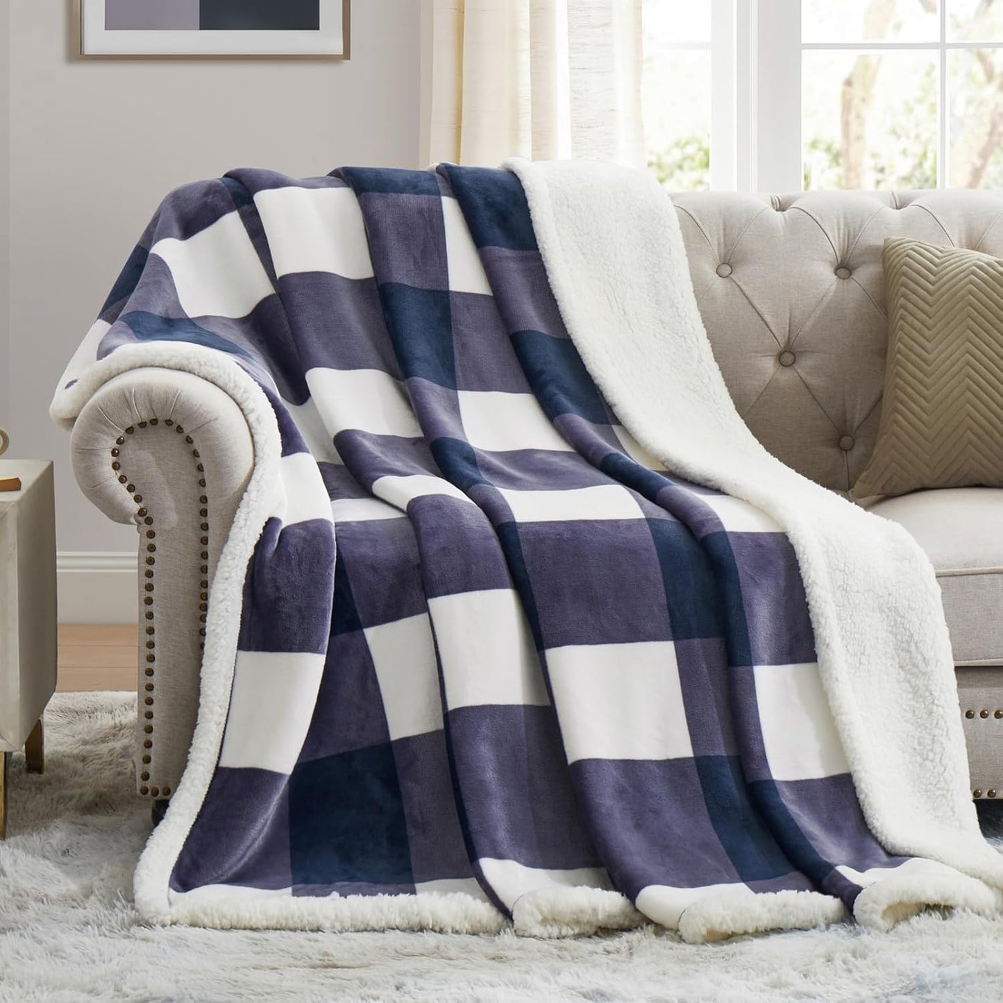 PU MEI Sherpa Blanket Fleece Throw Blanket Full Queen Plaid Thick Bed Blanket, Soft Warm Cozy Blue Checkered Throw Blanket 80"*90"