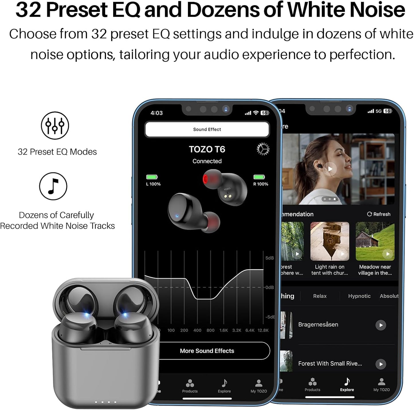 TOZO T6 Wireless Earbuds, Bluetooth 5.3 Ear Buds, Stereo Sound in Ear Headphones, 50 Hours Playtime, Wireless Charging Case, APP Customizable EQs, IPX8 Waterproof Earphones