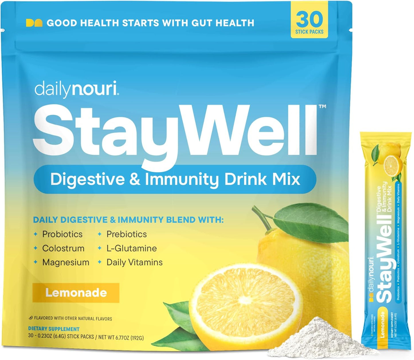 Nouri Daily StayWell Digestive & Immunity Drink Mix | Supports Gut Health, Digestion, Immunity & Energy | Probiotics, Prebiotics, Colostrum & Daily Vitamins | 30 Stick Packs