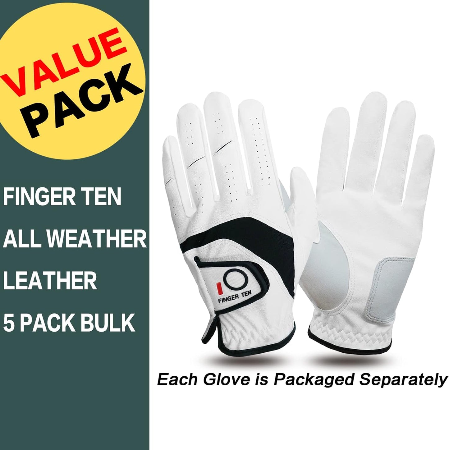 FINGER TEN Golf Gloves Men Left Hand Right Leather Value 5 Pack, Mens Golf Glove for Right Left Handed Golfer All Weather Grip Small Medium ML Large XL XXL 3XL