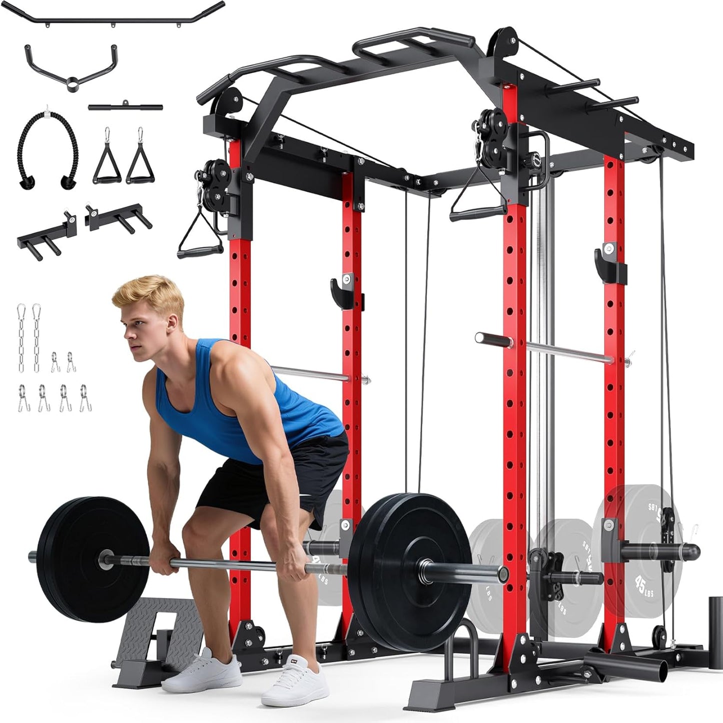 YOLEO Smooth Dual Pulley System Power Cage, 1600LBS Adjustable Cable Crossover Power Rack, Multi-Functional Squat Rack for Home Gym with More Training Attachment