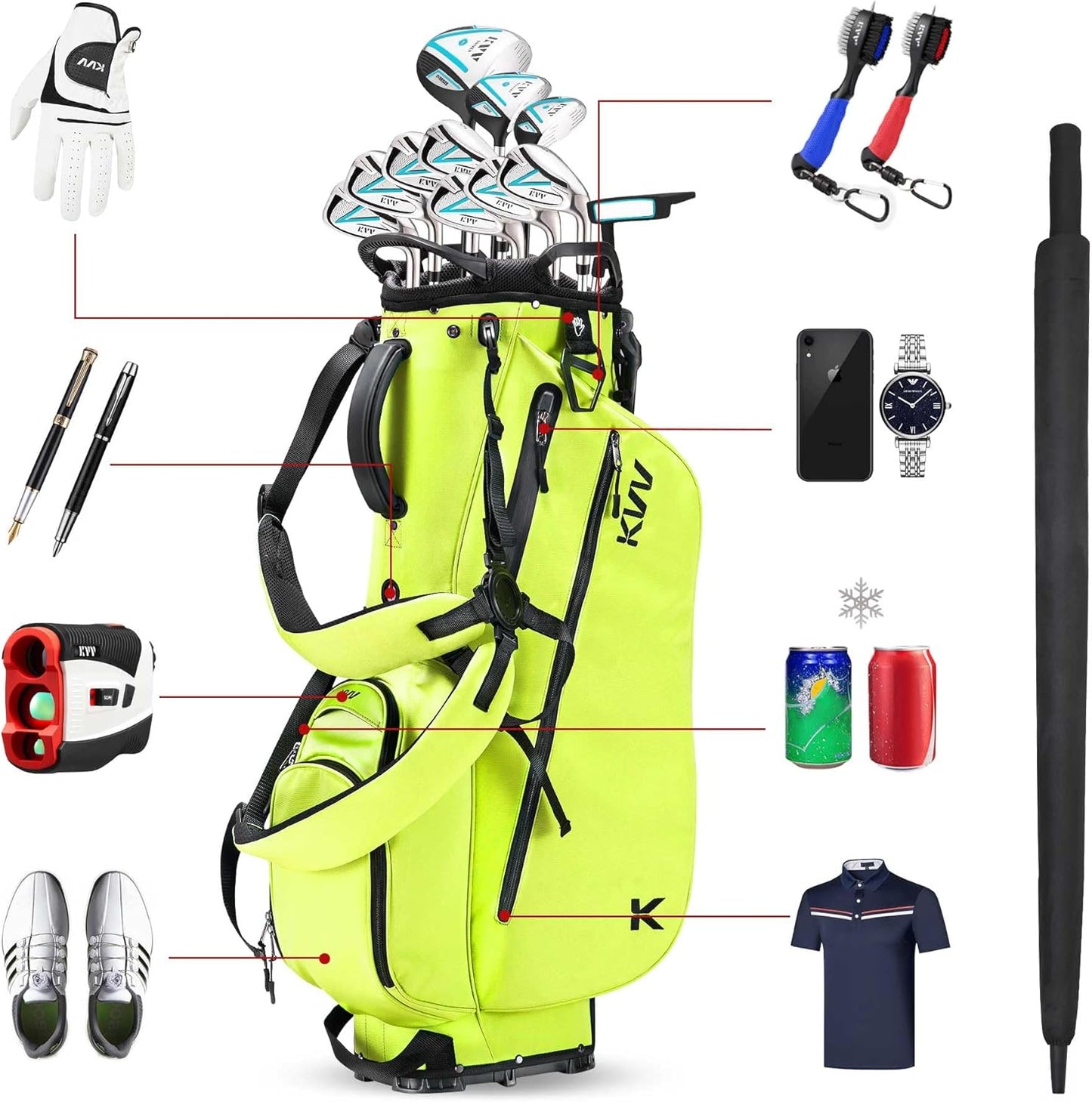 KVV Lightweight Golf Stand Bag with 7 Way Full-Length Dividers, 5 Zippered Pockets, Automatically Adjustable Dual Straps，Elegant Design