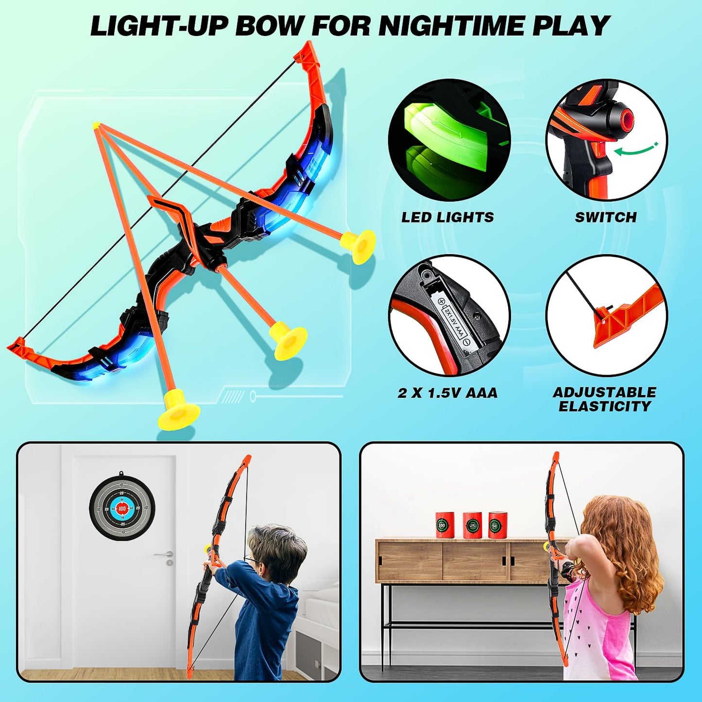 TOY Life Bow and Arrow Toys for Kids 4 6 8 12, Light Up Kids Bow and Arrow Set, Kids Archery Bows Set for Kids with Targets, Toy Gift for 5 Year Old Boys, Kids Toys Boys, Outdoor Toy Games for Kids