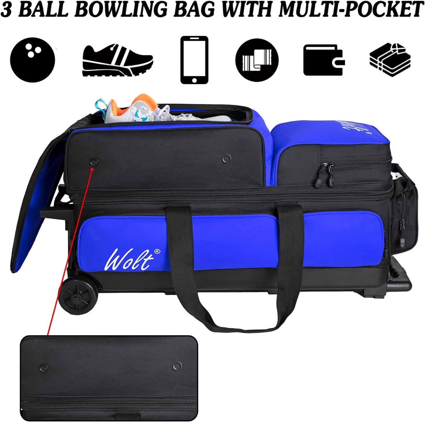 WOLT 3 Ball Bowling Bags with Wheels,Bowling Ball Bag 3 Ball Roller with Separate Shoe Compartment and Accessory Pocket, Retractable Handle Extends to 38’’