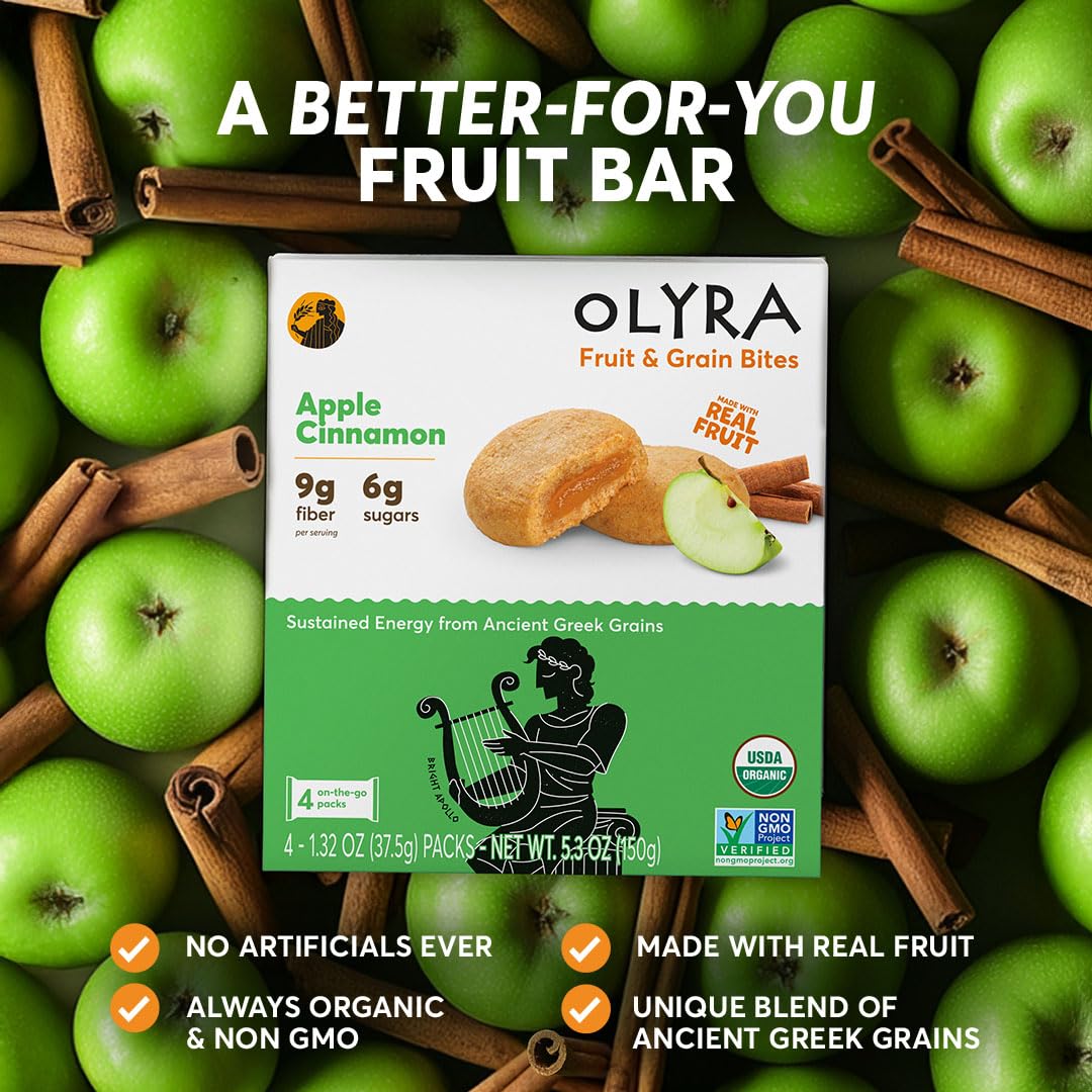 Olyra Apple Cinnamon - Organic Soft Baked Fruit Bars - High Fiber - Healthy Breakfast Snack with Real Fruit Filling - Healthy Snacks for Adults - Office & School Kids Snack - Pack of 12