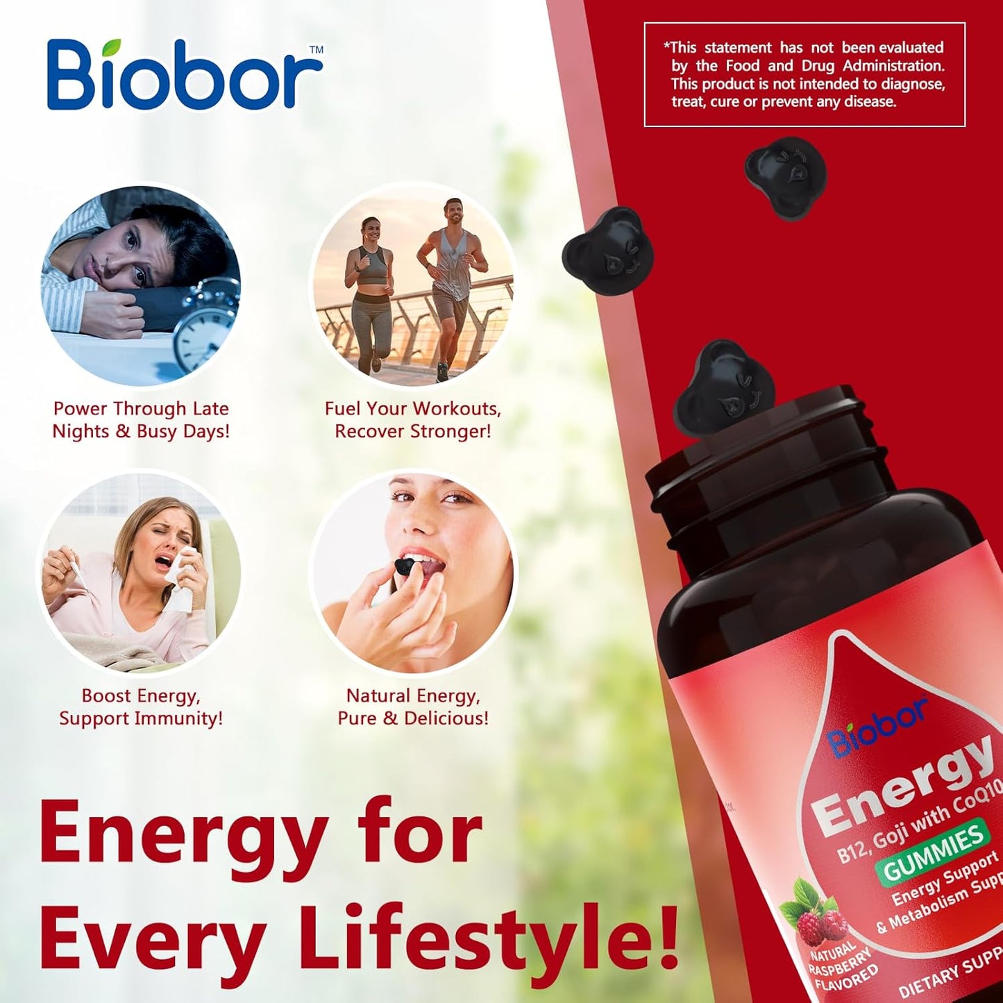 Natural Energy Gummies with Vitamin B12, Goji, CoQ10, Energy Support & Metabolism Support Chewable Supplement,GMO Free, Gluten Free(Raspberry, 120 Count)