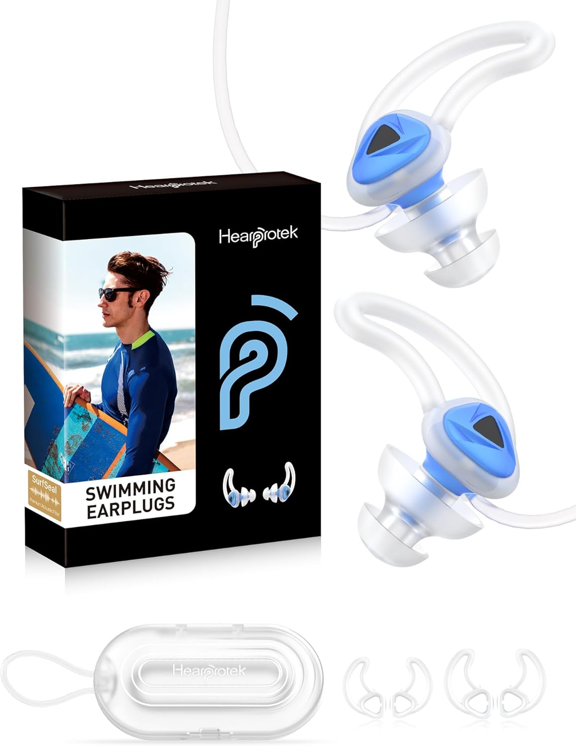 Hearprotek Swimmer Ear Plugs, 1 Pair Custom-fit Water Protection Adult Swimming Earplugs for Swimmers Surfer, Universal-fit with Lanyard, Perfect for Swimming,Surfing, Other Water Activities Blue