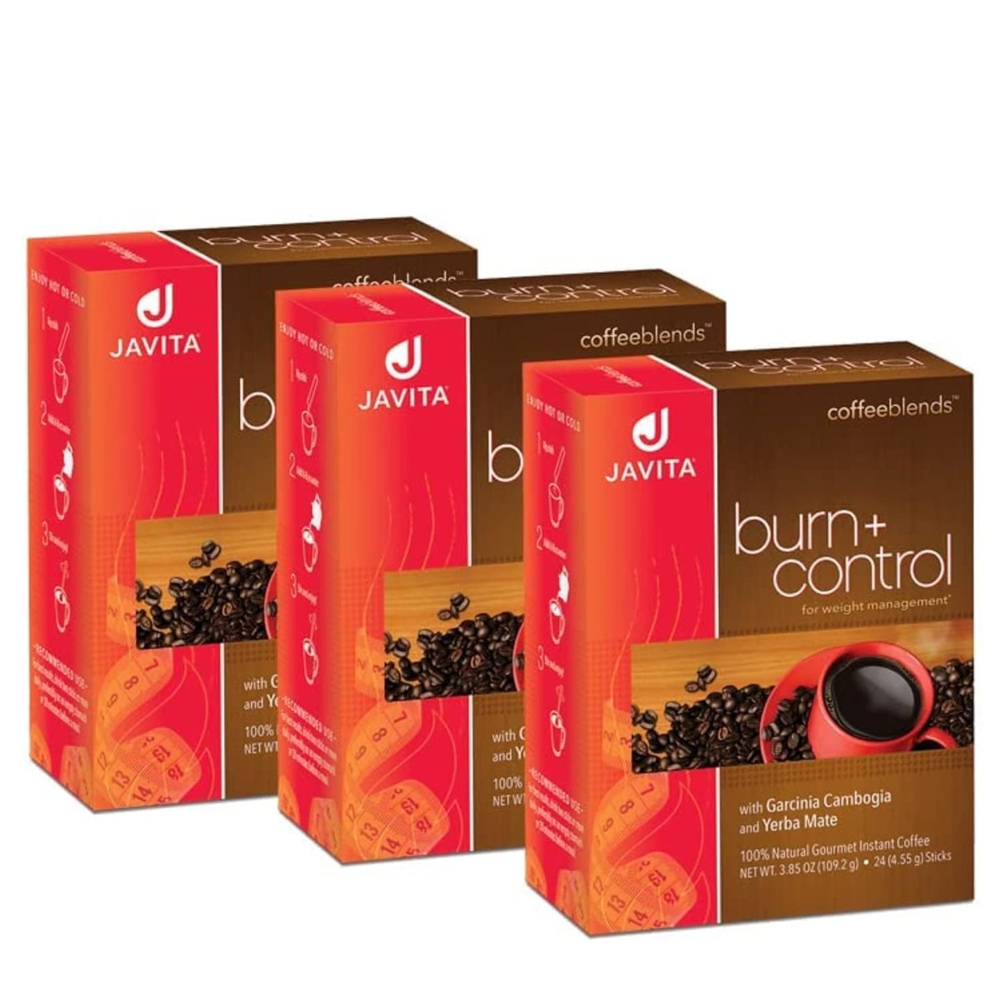 Javita Burn + Control Instant Coffee - Weight Management Herbs, Garcinia Cambogia & Yerba Mate, Slimming Blend with Help of Exercise, Keto Coffee, Dieters Drink, 3 Boxes of 24 (4.55g) Sticks