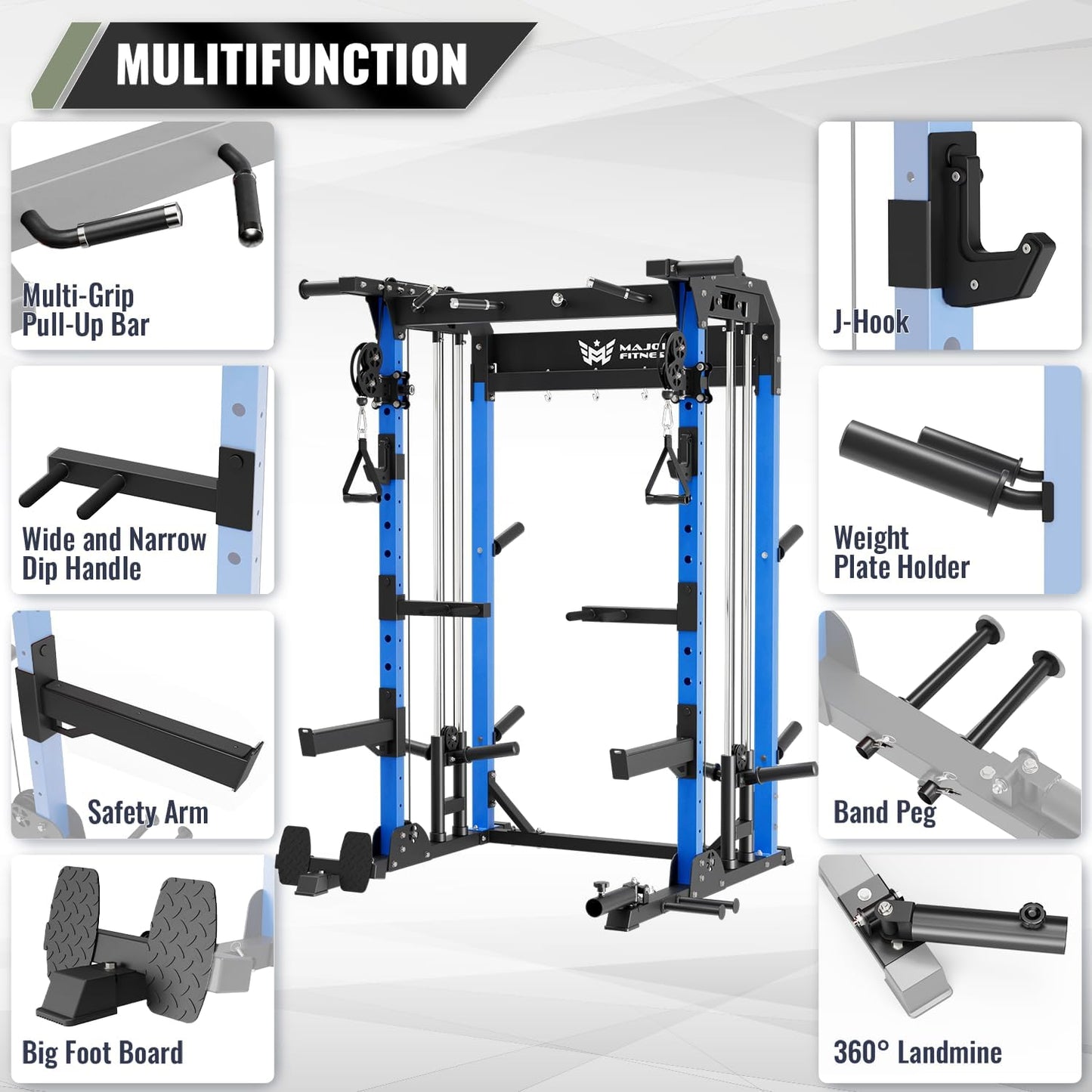 MAJOR FITNESS F22 Multi-Functional Power Rack—1600lbs Capacity All-in-One Squat Rack with Dual Pulley System for Home Gym Strength Training