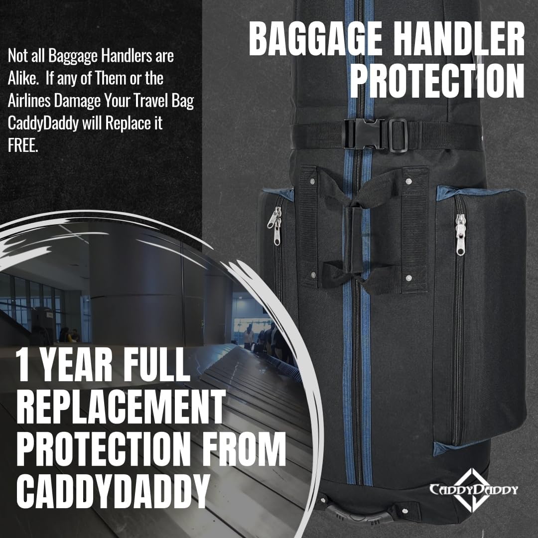 CaddyDaddy Constrictor Soft-Sided Golf Travel Bag Cover with Thick Dense Foam Padded Top 1 Year Full Travel Bag Replacement Coverage | Wheels & Lockable Zippers Case for Transporting Clubs on Airlines