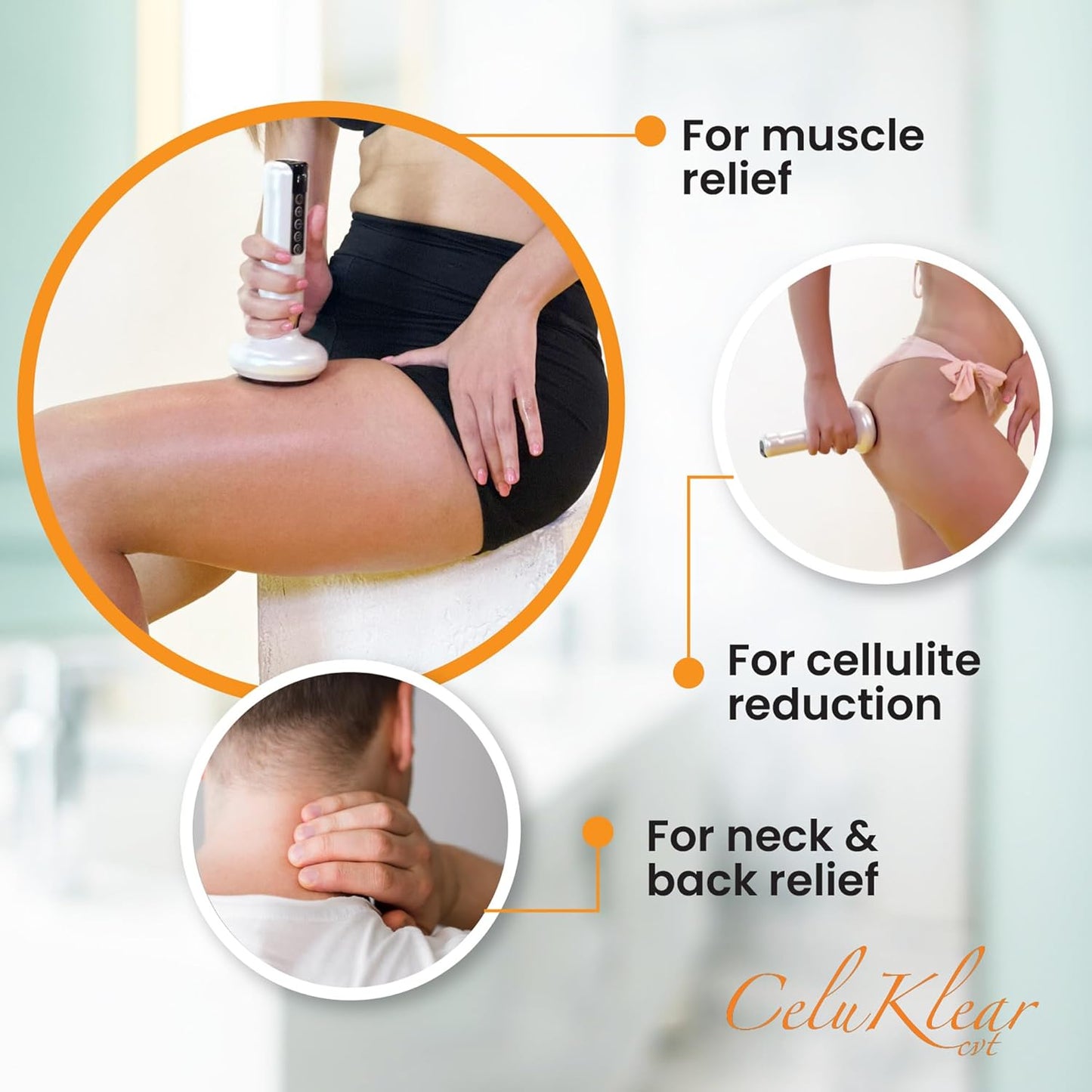 CeluKlear Electric Cupping Therapy Massager CVT 3-in-1 - Vacuum Cupping Therapy Machine for Cellulite, Deep Tissue Massage & Lymphatic Drainage – Adjustable Suction Helps Circulation & Skin