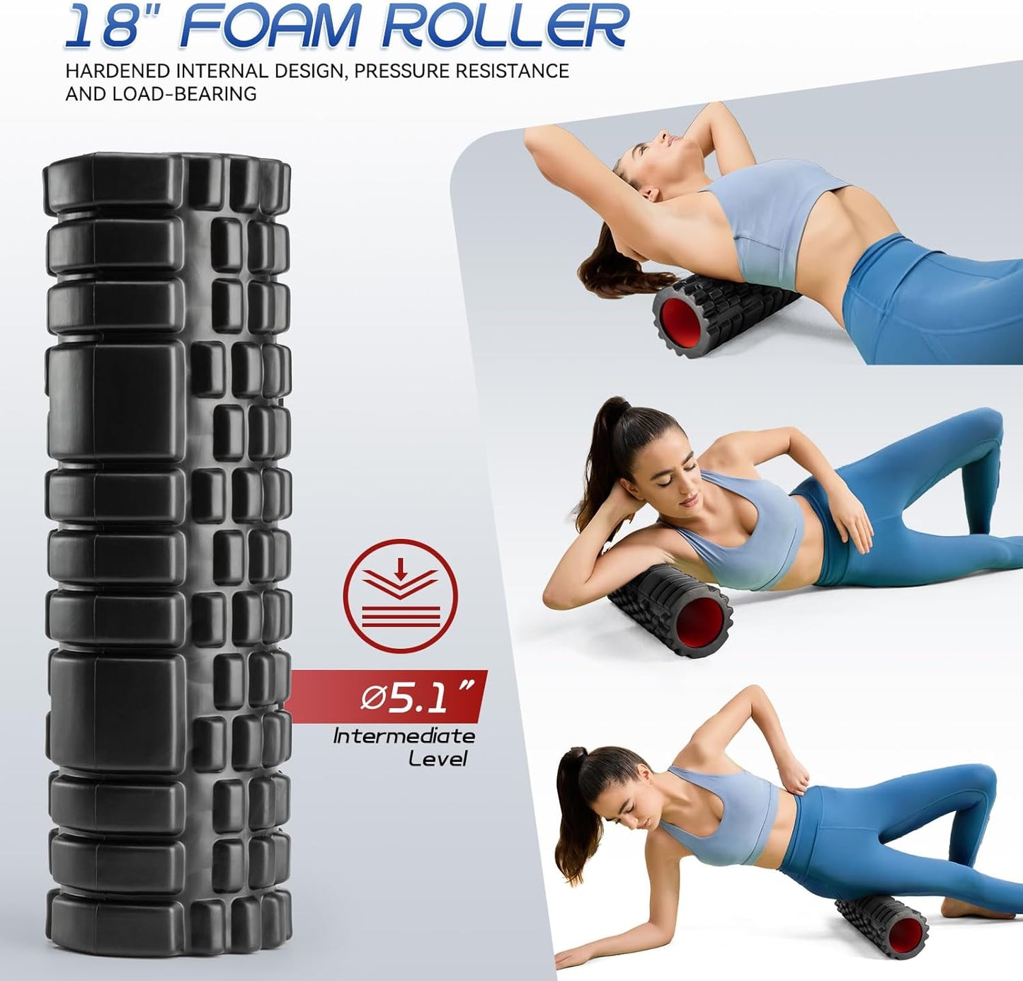 Foam Roller High Density Foam Roller Set for Deep Tissue Muscle Massage, 18" Trigger Point Fitness Exercise Massage Roller, Self-Myofascial Release for Whole Body (Black)