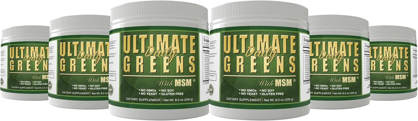 Ultimate Greens with MSM Powder, Vegan Friendly Natural Ingredients Gluten Soy Free NO GMO Superfood Vegetable Nutritional Drink Alkalizing Energy 8oz 6 Pack (6 Month Supply)