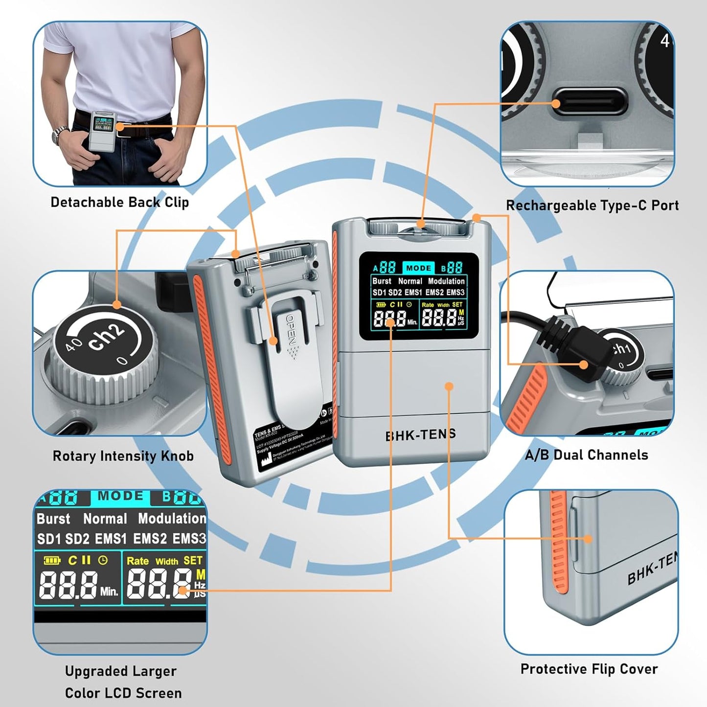 DIY Pluse TENS EMS Unit Muscle Stimulator for Back Pain Relief, Rechargeable TENS Unit Machine with 8 Modes & 8 Electrode Pads. Electric TENS Massager for Chronic Pain, Muscle Relaxation, Home Use