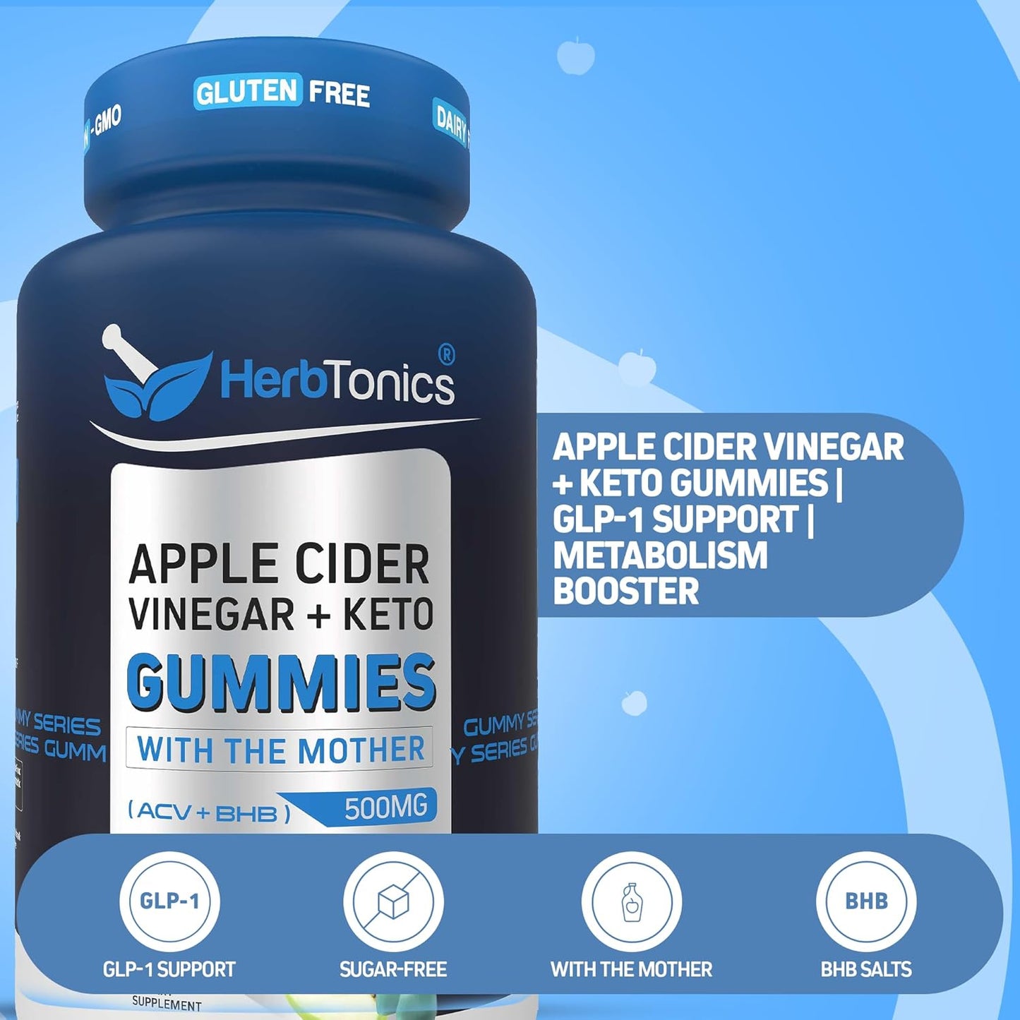 Herbtonics Keto Apple Cider Vinegar Gummies | Digestion & Detox | GLP-1 Support | Sugar Free BHB Advanced Formula for Keto Support - Raw ACV with The Mother - 60 Vegan ACV Gummies