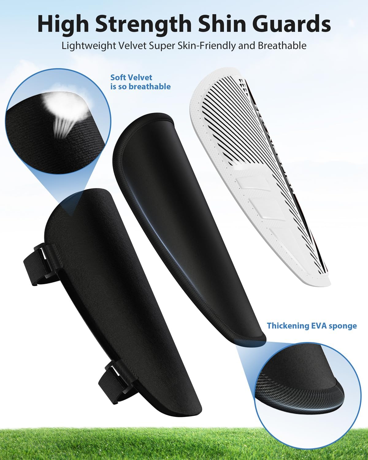 Shin Guards Soccer Kids Youth, CE Certified Airsfish Shin Guard Protection Gear for 2-18 Years Old Boys Girls Teenagers High Impact Resistant Breathable Comfortable 1 Pair 4 Sizes