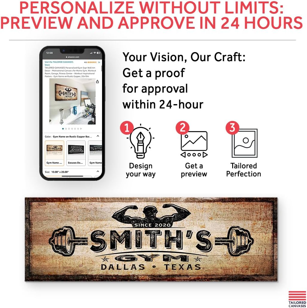 TAILORED CANVASES Personalized Gym Sign Wall Art Decor - Motivational Canvas for Home, Workout Room, Garage, Fitness Center - Inspirational Posters With Name on Rustic Copper, 36x12in