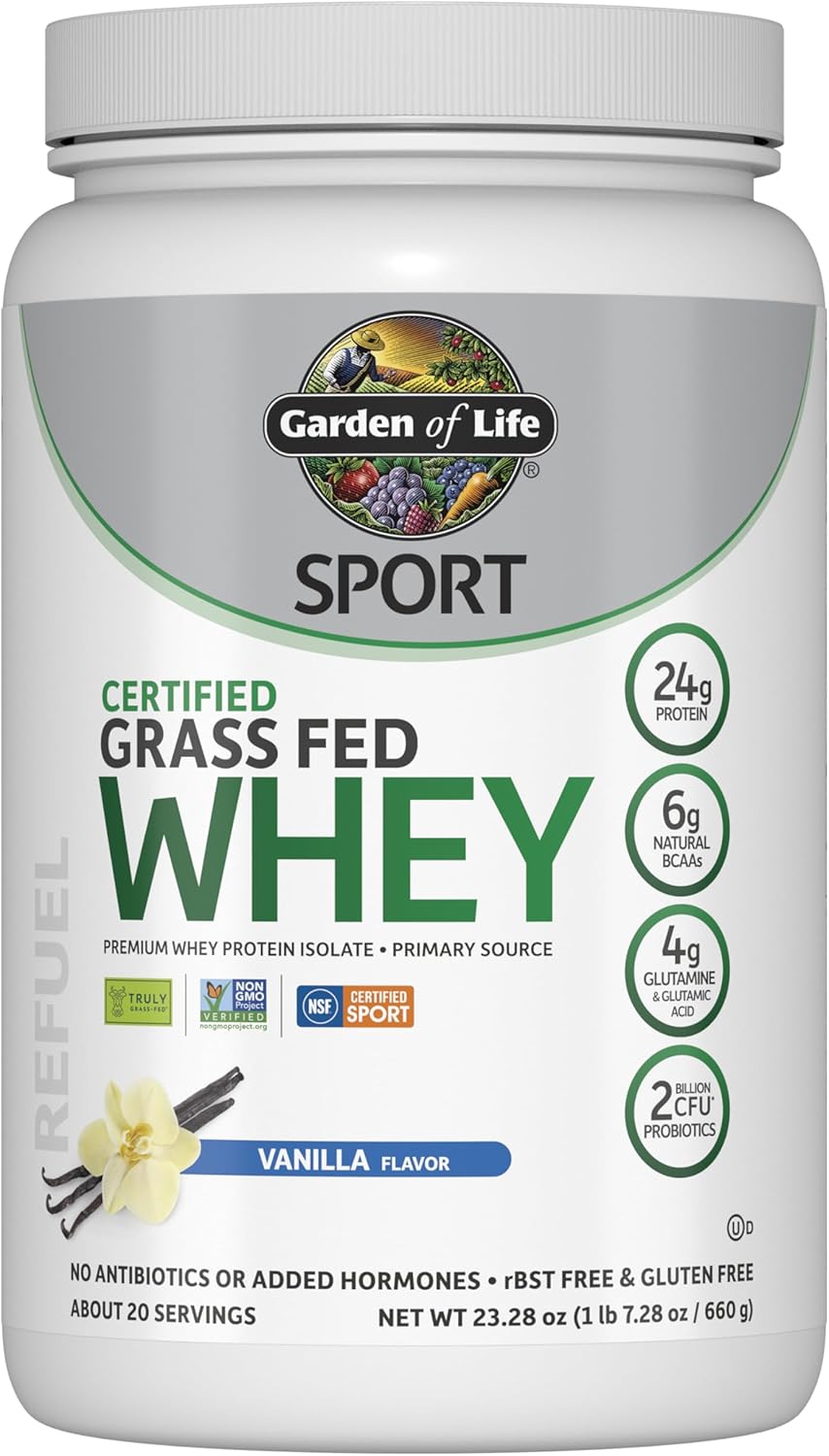 Garden of Life SPORT Whey Protein Powder Vanilla, Premium Grass Fed Whey Protein Isolate plus Probiotics for Immune System Health, 24g Protein, Non GMO, Gluten Free, Cold Processed - 20 Servings