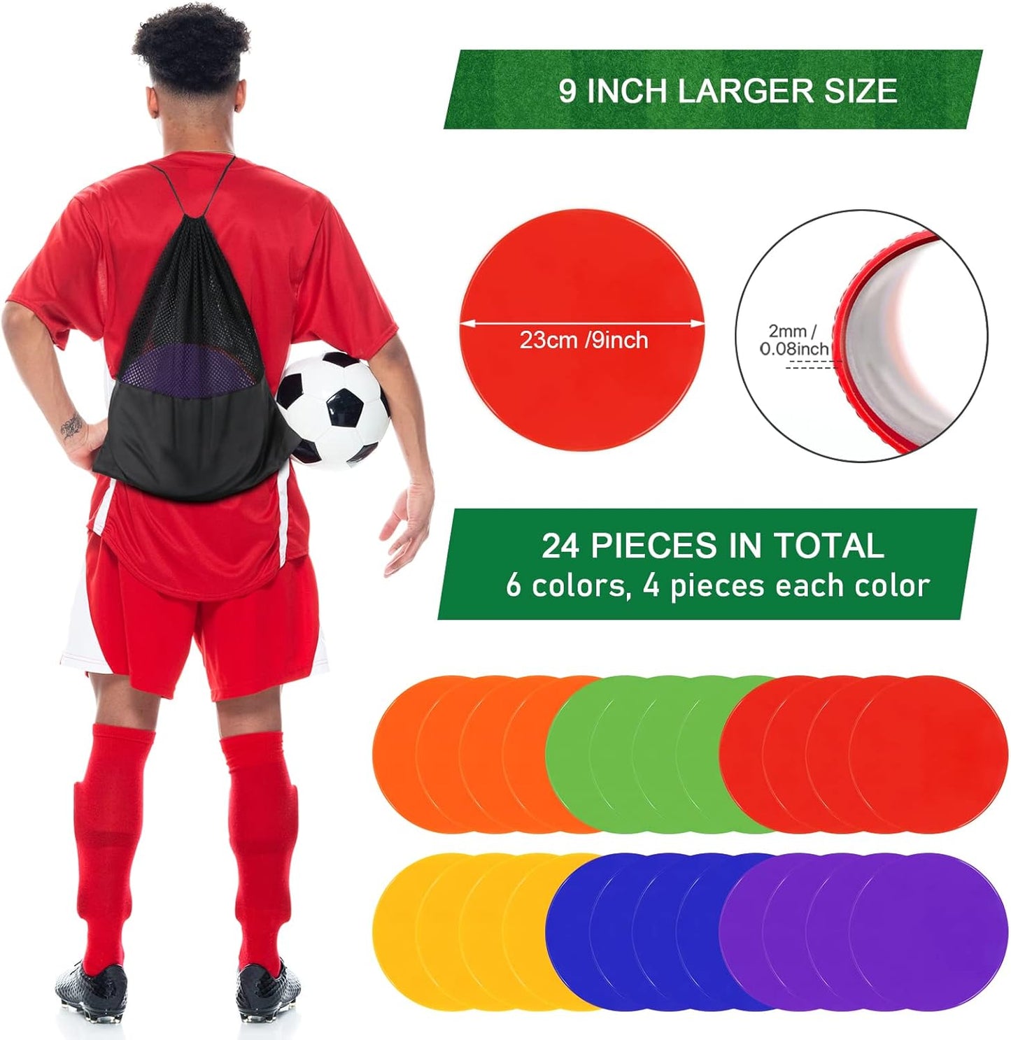 Poly Spots Spot Markers for Gym Floor 9inch 10inch 12/18/24/36 Pcs Flat Cones Non-Slip Rubber Floor Dots Circles for Kids Sports Soccer Basketball Agility Training Dance Classroom