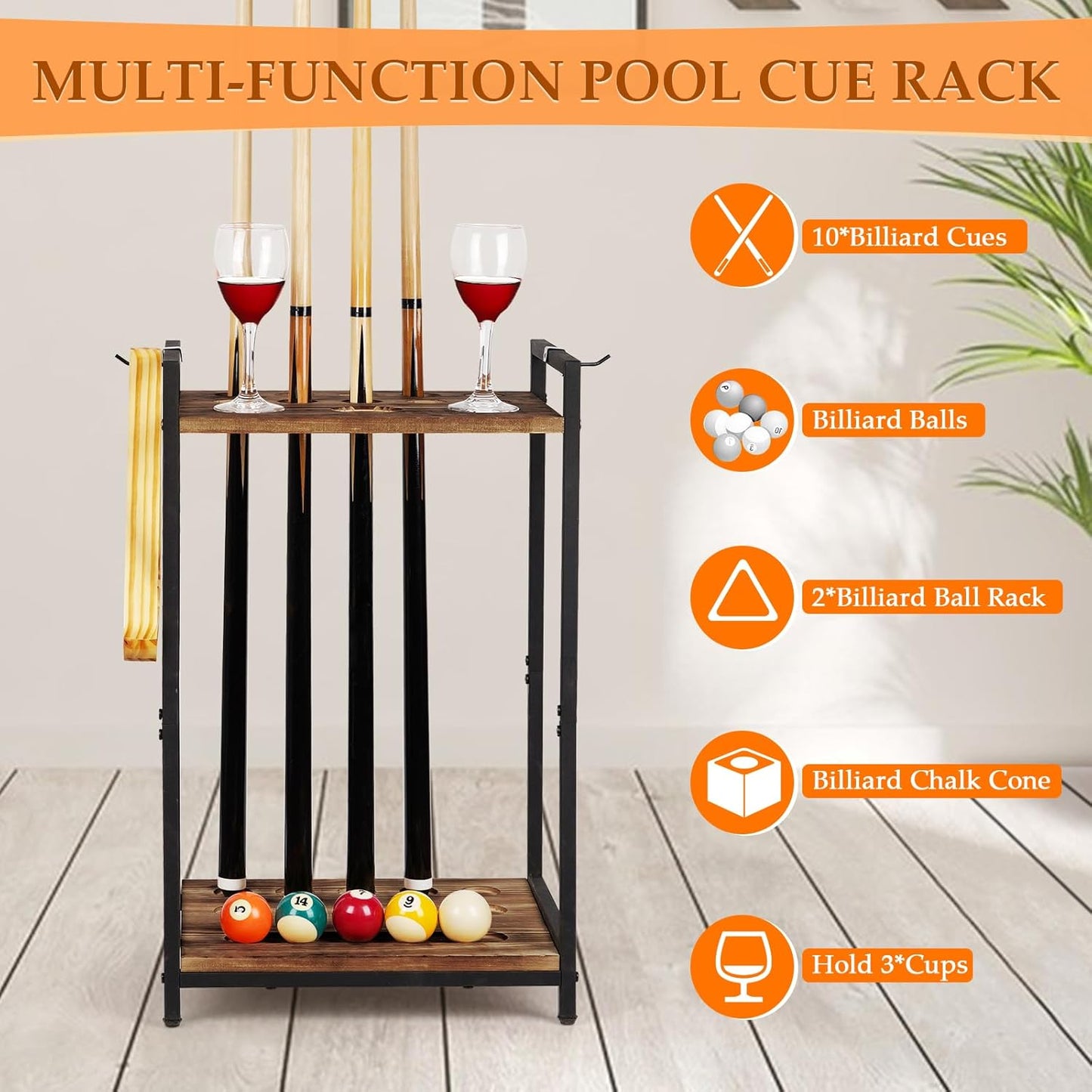 Pool Stick Holder Pool Cue Holder Rack Cue Stick Holder 10 Cues Billiard Cue Racks for Billiard Room Club Pool Table Accessaries (Torched Black 10-Hole)