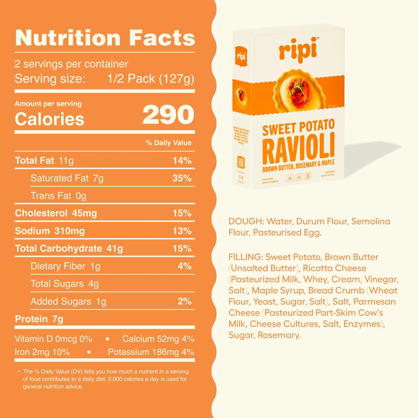Ripi Sweet Potato Ravioli - Brown Butter, Rosemary & Maple - Frozen Pasta Meal - Ready in Under 5 Minutes, 9oz packs (6 Pack, Sweet Potato)