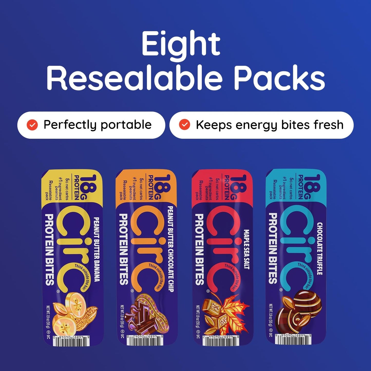 CirC Protein Bites - 8 Count Variety Mix High Energy Balls - 18g of protein 4g of Collagen, 5g of net carb, Whey & Peanuts - Portable Healthy Snacks in 5-Piece Resealable Packs