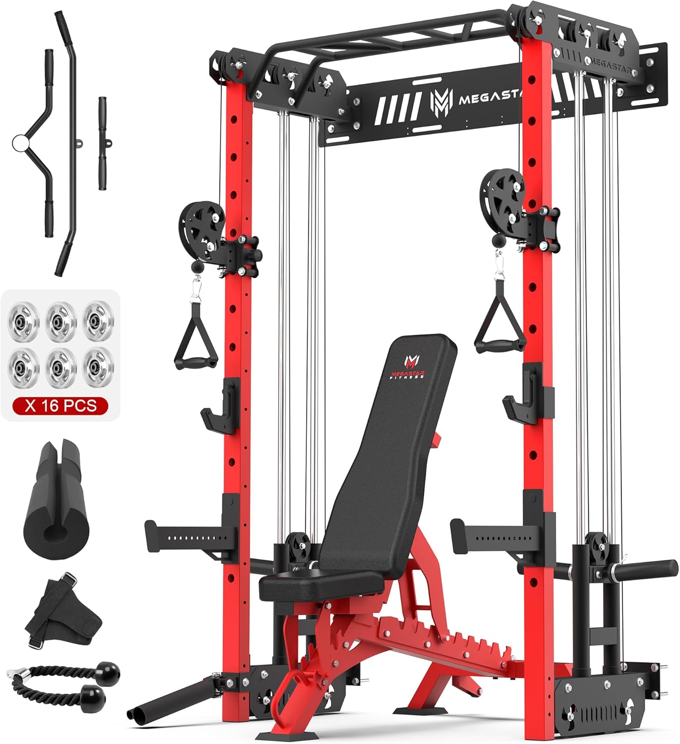 Wall Mounted Power Rack – 1600LB Capacity Compact Commercial Home Gym with Dual Cable Crossover, LAT Pulldown, Multi-Grip Pull-Up Bar & Landmine Attachment for Small Spaces, P67 Striker Red