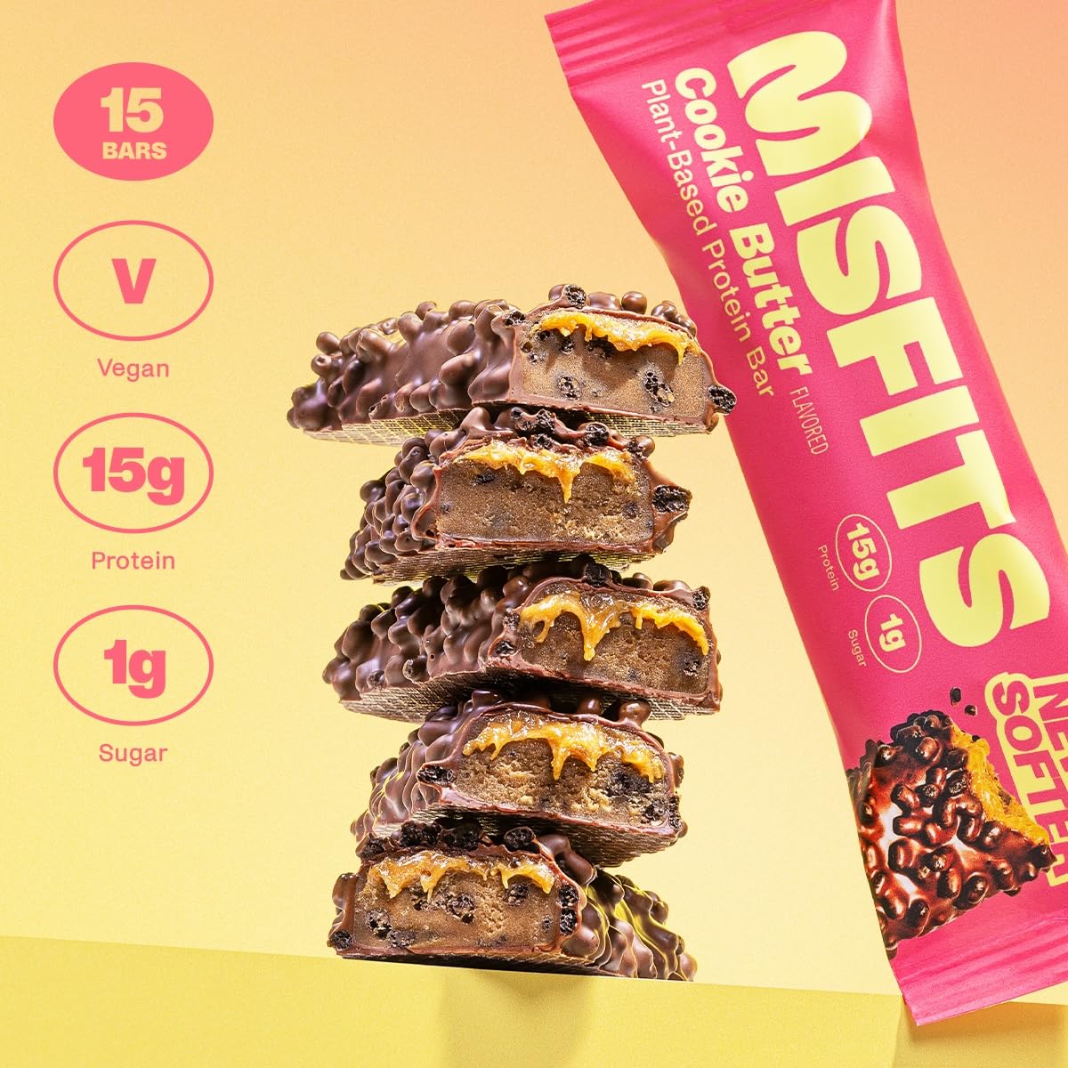 Misfits Vegan Protein Bars, Cookie Butter - Updated Recipe | Plant Based, Low Sugar & Carb, High Fiber Snacks | Pack of 15