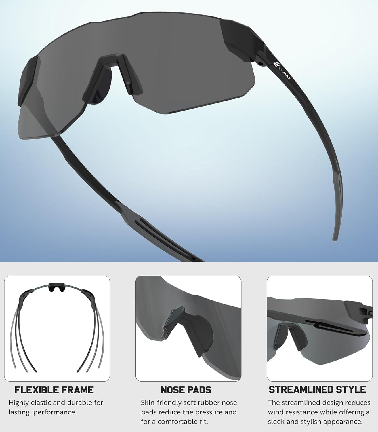 YAMAS Sport Sunglasses for Mens Womens, Wrap around Sunglasses, Non-Slip Nose Pads for Climbing and Running, UV400 Protection