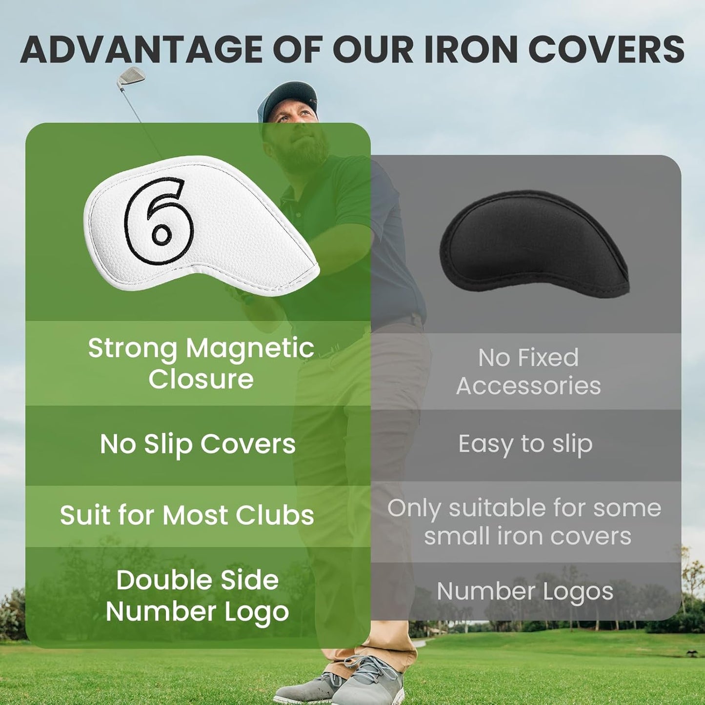 Golf Iron Covers Set Strong Magnetic Closure Value 10 Pack, Double Side Number Synthetic Leather Deluxe Club Headcover, Universal Head Cover Fit Main Irons Clubs for Women Men