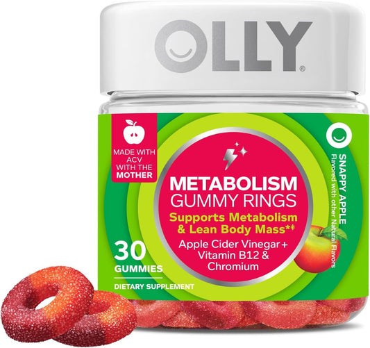 OLLY Metabolism Gummy Rings, Apple Cider Vinegar, Vitamin B12, Chromium, Energy and Digestive Health, Chewable Supplement, Apple Flavor - 30 Count