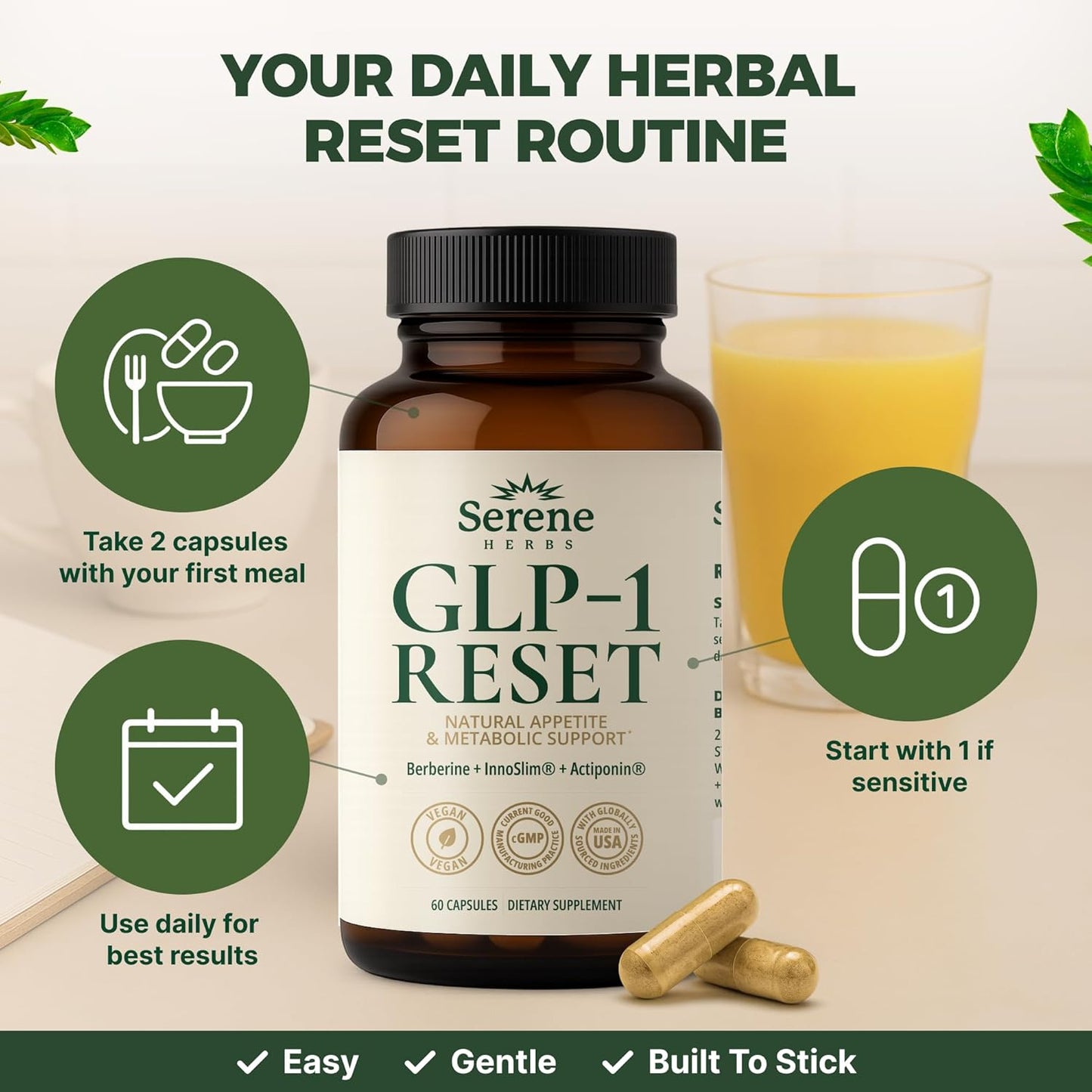 GLP-1 Supplement for Women & Men - Hunger & Metabolism Support with Berberine, InnoSlim, Actiponin - Natural GLP1 Booster to Support Appetite, Digestion & Gut Health - Vegan - 60 Capsules