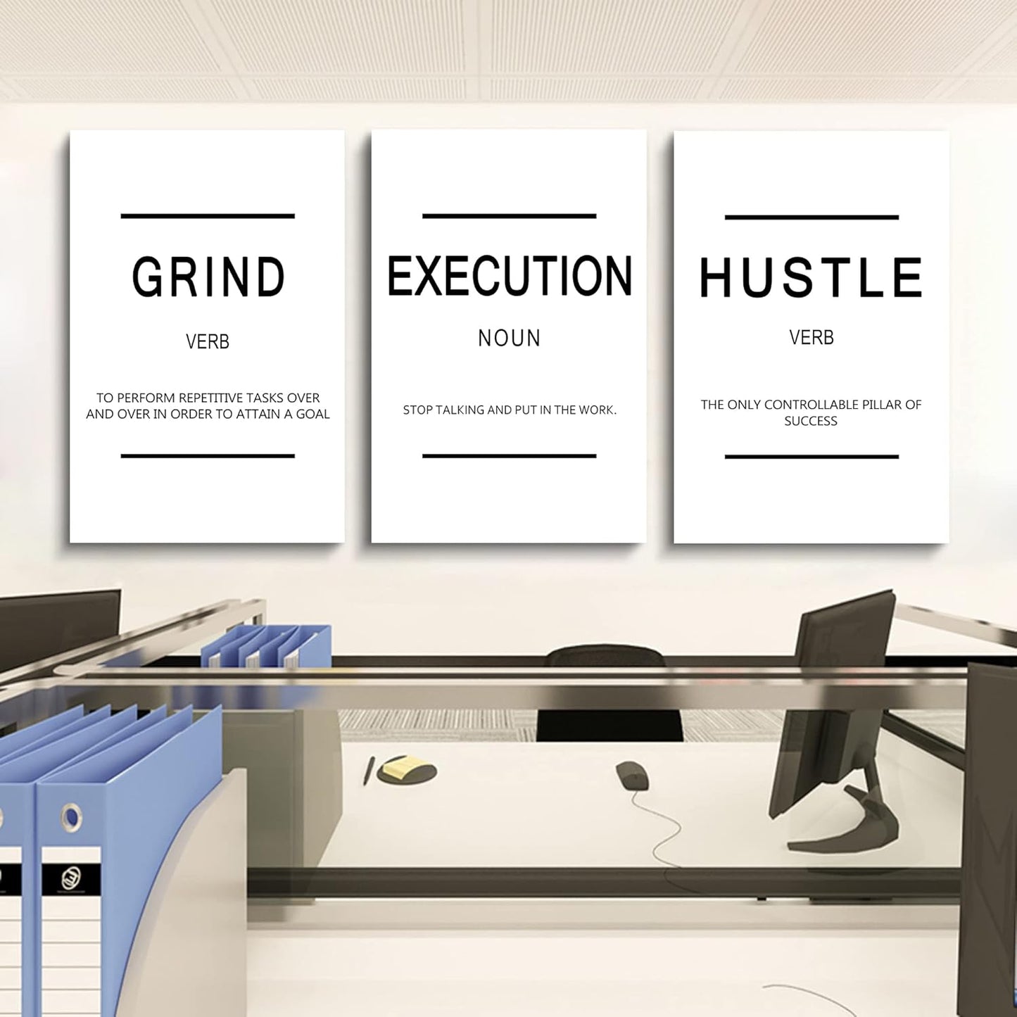 Framed Canvas Wall Art Success Quote, Office Wall Art, Black Large Poster, Positive Motivational Set of 3 Prints, Grind Execution Hustle Poster, Inspirational Print (C-3pcs,24x36inchx3pcs)