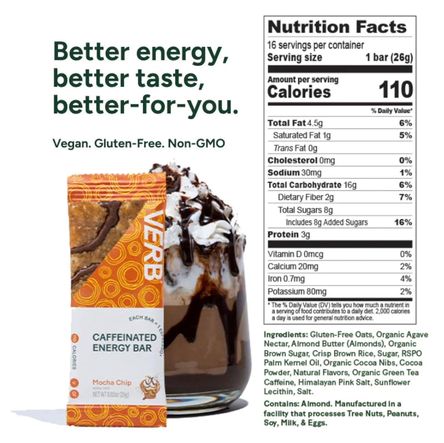 Verb Caffeinated Energy Bars Mocha Chip (26g, Pack of 16) 110-Calorie Delicious Low Sugar Energy Bar - Vegan Gluten Free On-the Go Snack with 80mg Green Tea Caffeine, Only Real-Food Ingredients