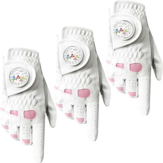 Golf Gloves Women Leather with Ball Marker 3 Pack, Left Hand Right Stylish Pink All Weather Grip Breathable Glove, Fit Sizes Small Medium Large for Womens Ladies