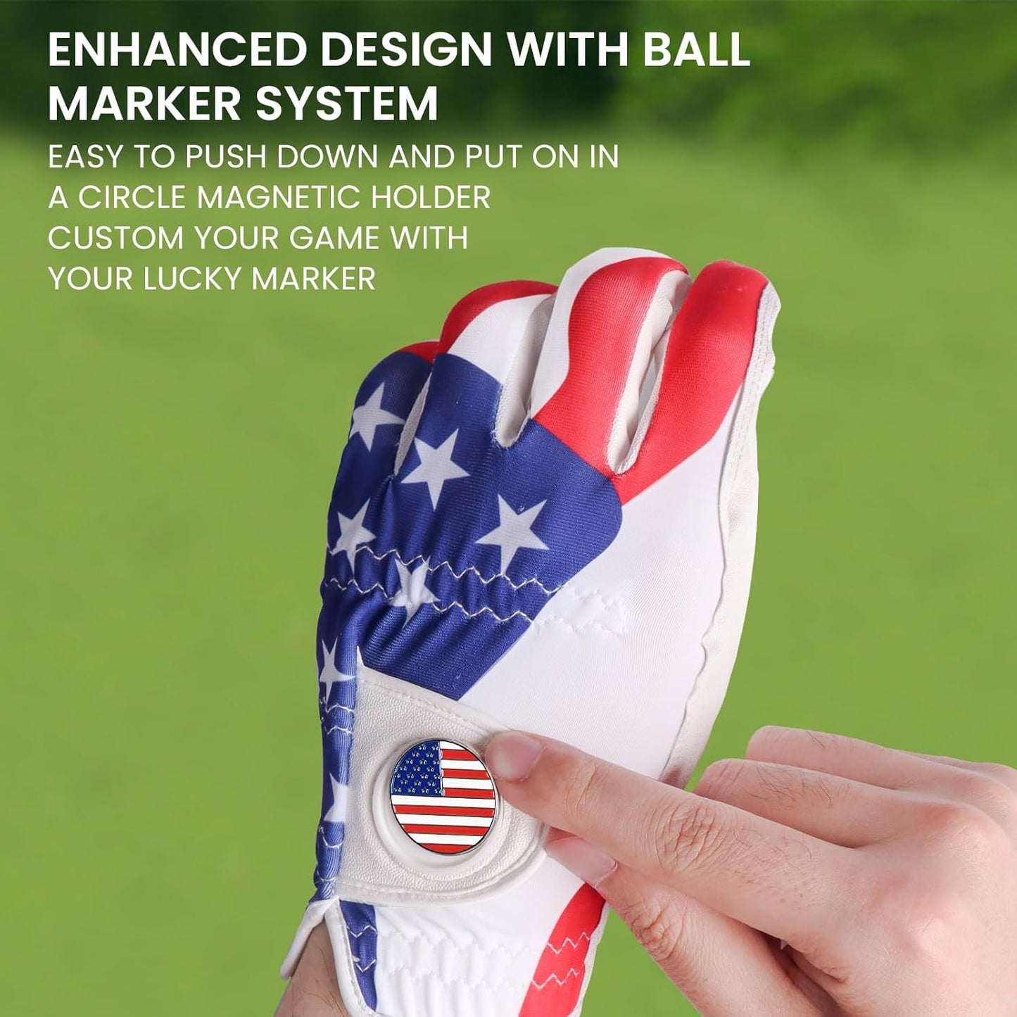 FINGER TEN Golf Gloves Men Left Hand Right with Ball Marker USA Flag Blue Camo Plaid Pack, Mens Leather Golf Glove All Weather Grip Small Medium ML Large XL