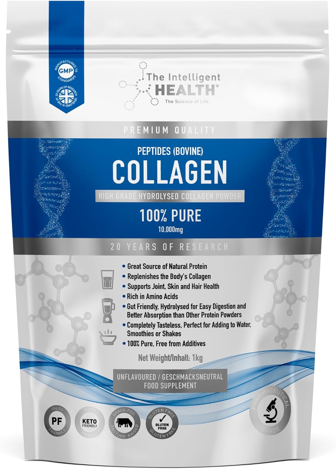 The Intelligent Health Hydrolyzed Collagen Peptides Powder, Grass Fed, High Protein, Unflavored, Gluten-Free, Paleo & Keto Friendly, 10g per Serving (1kg) Supports Skin, Hair, Nails, Joints, & Bones